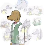  blush bow_tie brown_body brown_fur canid canine canis domestic_dog eating edgar_(pbs_kids) fur grey_body grey_fur hi_res kick male mammal ned_(pbs_kids) pancitnoodles25 pbs_kids_(copyright) simple_background thinking white_background wolf 