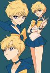  absurdres bishoujo_senshi_sailor_moon blonde_hair blue_choker blue_eyes blue_sailor_collar blue_skirt bow choker closed_mouth earrings gloves highres jewelry magical_girl nzeneee open_mouth sailor_collar sailor_uranus short_hair simple_background skirt smile variations yellow_bow 