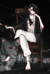  1girl black_background black_hair black_nails chair clothing_request crossed_legs hair_between_breasts hair_ornament hair_over_one_eye hair_stick highres kiseru long_hair looking_at_viewer navel open_clothes original piranaa red_eyes sitting smoking_pipe solo tiger white_tiger 