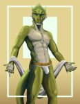  2020 5_fingers abs absurd_res anthro athletic athletic_anthro athletic_male bulge butt cierras claws clothed clothing fingers frill_(anatomy) grin hi_res jockstrap lizard looking_at_viewer male navel pecs portrait pose presenting reptile scalie simple_background smile smiling_at_viewer solo standing text three-quarter_portrait towel underwear underwear_only 
