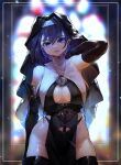  1girl absurdres blue_eyes blue_hair cleavage_cutout clock clothing_cutout dress elbow_gloves gloves habit hair_intakes highres hololive hololive_english looking_at_viewer nun ouro_kronii pelvic_curtain short_hair solo stained_glass thighhighs virtual_youtuber vyragami 