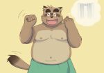  2022 absurd_res anthro belly bottomwear brown_body canid canine clothing eyewear glasses hi_res humanoid_hands kemono kounosuke_(morenatsu) kumatoron male mammal moobs morenatsu navel nipples overweight overweight_male raccoon_dog shorts solo tanuki video_games visual_novel 