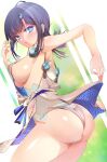  1girl ass bangs bare_shoulders black_hair blue_eyes blue_ribbon blush breasts dress fate/grand_order fate/requiem fate_(series) fundoshi highres japanese_clothes jewelry large_breasts long_sleeves looking_at_viewer magatama magatama_hair_ornament magatama_necklace medium_hair multicolored_hair necklace open_mouth pelvic_curtain pink_hair puffy_long_sleeves puffy_sleeves ribbon seigaiha shiny shiny_skin short_dress sideboob sideless_outfit sidelocks solo streaked_hair thighs utsumi_erice white_dress yahoo0124 