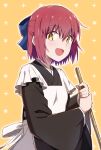  1girl apron azami_masurao bangs black_kimono blue_bow bow broom commentary_request hair_between_eyes hair_bow half_updo highres holding holding_broom japanese_clothes kimono kohaku_(tsukihime) looking_at_viewer maid_apron open_mouth red_hair short_hair smile solo tsukihime wa_maid white_apron wide_sleeves yellow_background yellow_eyes 