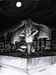  2022 anthro athletic bat_wings belt bottomwear brooklyn_(gargoyles) building clothed clothing detailed_background disney gargoyle gargoyles hi_res horn humanoid inktober male membrane_(anatomy) membranous_wings monochrome moon night no_pupils open_wings raised_arm raised_hand raised_leg rooftop signature solo tangerin4yon topless traditional_media_(artwork) wings 