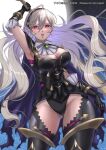  1girl arm_up armpits ass_visible_through_thighs black_panties breasts cleavage corrin_(fire_emblem) corrin_(fire_emblem)_(female) elbow_gloves fire_emblem fire_emblem_fates fire_emblem_heroes gloves holding holding_hands holding_sword holding_weapon long_hair official_alternate_costume open_clothes panties pink_eyes snow20200 sword underwear very_long_hair weapon yato_(fire_emblem) 