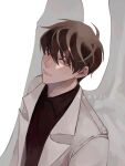  1boy artist_name black_shirt brown_hair closed_mouth collared_shirt commentary dok-ja_kim highres jacket looking_at_viewer male_focus omniscient_reader&#039;s_viewpoint open_clothes open_jacket red_eyes shirt short_hair simple_background solo symbol-only_commentary upper_body white_background white_wings wings yuugji 
