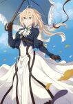  1girl ascot bangs blonde_hair blue_eyes blue_jacket blue_sky brown_gloves brown_ribbon dress floating_hair gem gloves green_gemstone hair_between_eyes highres holding holding_umbrella jacket kaminr long_dress long_hair long_sleeves petals ribbon sky solo standing umbrella violet_evergarden violet_evergarden_(series) white_ascot white_dress 