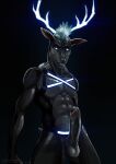  2020 abs absurd_res anthro antlers athletic athletic_anthro athletic_male balls belt big_penis black_background black_body black_clothing blue_antlers blue_hair blue_horn cervid cierras clothing erection genitals glowing glowing_antlers glowing_clothing glowing_eyes glowing_hair grin hair harness hi_res horn humanoid_genitalia looking_at_viewer male mammal navel nipples nude pecs penis short_hair simple_background smile smiling_at_viewer solo standing 