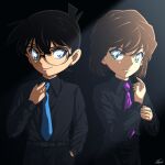  1boy 1girl aqua_eyes black-framed_eyewear black_hair black_pants black_shirt blue_eyes blue_necktie brown_hair closed_mouth collared_shirt edogawa_conan glasses haibara_ai hand_in_pocket highres long_sleeves looking_at_viewer meitantei_conan necktie pants purple_necktie shirt short_hair signature smile smug sooma4869 standing wing_collar 