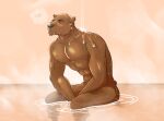  abs adam&#039;s_apple anthro bath bathing biceps bodily_fluids brown_body brown_fur calm casual_nudity eyes_closed forearms fur hi_res male mammal muscular muscular_anthro muscular_male musicsliders navel nude pecs relaxation relaxing simple_background solo steam sweat triceps ursid ursine water 