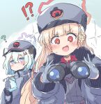  !? +_+ 2girls :d animal_ears binoculars black_shirt blonde_hair blue_archive blue_hair blush braid closed_mouth collared_shirt commentary_request ear_piercing gloves grey_gloves grey_headwear grey_jacket guriin halo hat heavy_breathing highres holding jacket multiple_girls open_clothes open_jacket peaked_cap piercing red_eyes shirt smile sweat trembling v-shaped_eyebrows 