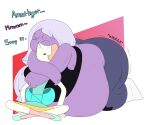  2015 alien alien_humanoid amethyst_(steven_universe) belly bent_over big_belly bodily_fluids bottomwear cartoon_network clothing crossed_arms crossed_legs dialogue drooling duo female footwear gem_(species) hair hair_over_eye head_first humanoid kneeling obese obese_female obese_humanoid one_eye_closed one_eye_obstructed open_mouth oral_vore overweight overweight_female overweight_humanoid pants pearl_(steven_universe) purple_body purple_skin saliva shirt shoes smappa socks soft_vore steven_universe tank_top text topwear vore 