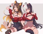  2girls ahoge animal_ears asymmetrical_legwear bare_shoulders belt between_breasts black_belt black_hair black_nails black_skirt black_thighhighs bracelet breasts brown_hair chest_strap cleavage closed_mouth collar creator_connection fire fishnet_thighhighs fishnets hair_between_eyes heart heart_ahoge highres indie_virtual_youtuber invisible_chair jewelry large_breasts leotard long_hair looking_at_viewer m1stm1 miniskirt mismatched_legwear momote_(vtuber) multicolored_hair multiple_girls off-shoulder_shirt off_shoulder open_mouth orange_hair puffy_short_sleeves puffy_sleeves red_eyes red_shirt red_skirt ribbon-trimmed_sleeves ribbon_trim second-party_source see-through shirt short_sleeves side_slit simple_background sinder_(vtuber) single_thighhigh sitting skindentation skirt smile spiked_bracelet spiked_collar spikes streaked_hair tail thigh_strap thighhighs thighlet thighs torn_clothes torn_legwear twintails two-tone_hair very_long_hair virtual_youtuber white_background white_hair white_leotard wolf_ears wolf_girl wolf_tail 