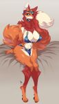  anthro auburn_fur bed bedroom_eyes big_breasts big_butt big_nipples blue_clothing blue_fabric breasts butt canid canine choker circlet clawed_fingers claws clothed clothing collar digitigrade erect_nipples female fluffy fluffy_tail fox fur furniture gem headgear headpiece headwear hi_res holding_tail jewelry luckypan mammal narrowed_eyes nayla_(extremedash) neck_tuft necklace nipples on_bed orange_body orange_fur partially_clothed pawpads paws presenting pubes red_fox seductive sexy_eyes silks silver_(metal) sitting sitting_on_bed skimpy skimpy_bikini skimpy_loincloth smile solo suggestive suggestive_look suggestive_pose tagme tan_body tan_fur thick_tail thick_thighs toe_claws tuft wide_hips 