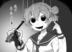  1girl 4shi bags_under_eyes bullet_hole collarbone commentary_request dango-chan_(4shi) double_bun drooling greyscale gun hair_bun handgun hands_up highres holding holding_gun holding_weapon hole_in_head hollow_eyes long_sleeves looking_at_viewer monochrome neckerchief open_mouth original pointing pointing_at_self russian_roulette sailor_collar school_uniform serafuku short_hair smile smoke_trail solo translation_request upper_body weapon weapon_request you&#039;re_doing_it_wrong 