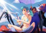  1boy 1girl aqua_eyes aqua_hair beach_chair bikini breasts drinking drinking_straw elchi_cargo fatman_big hair_ornament hairclip kneehighs long_hair navel outdoors pointing sentou_mecha_xabungle sitting sketch small_breasts socks sunlight swimsuit umbrella umeno_ryuuji white_bikini wristband 