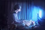  1boy absurdres bag_of_chips barefoot black_hair blurry blurry_foreground book can controller crossed_legs curtains game_controller highres hikikomori hood hood_down hoodie indoors long_sleeves male_focus night original sitting solo television yomii_ba_chu 