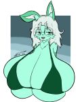  anthro big_breasts bikini breasts clothing eyewear female fur glasses green_body green_fur hair hi_res huge_breasts hyper hyper_breasts lagomorph leporid mammal minty_(mintybun) mintybun pastel_colors rabbit rodent smug solo spintopple swimwear white_hair 