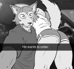  2022 anthro beastars bent_over bird_dog bottomwear butt canid canine canis caption car clothed clothing domestic_dog drive-thru duo english_text ffog fur greyscale he_wants_to_order hotpants hunting_dog inside jack_(beastars) labrador legoshi_(beastars) male mammal meme monochrome ordering_food retriever scar selfie shirt shorts sitting text topwear tuft vehicle wolf 