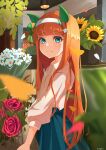  1girl animal_ears bangs blue_eyes blunt_bangs blurry carrying closed_mouth commentary_request congarii flower flower_pot hair_ornament hairband highres horse_ears light_blush long_hair long_sleeves looking_at_viewer orange_hair petals pleated_skirt red_flower red_rose rose shirt signature silence_suzuka_(umamusume) skirt smile solo star_(symbol) star_hair_ornament sunflower umamusume very_long_hair white_shirt 