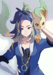  1boy adaman_(pokemon) arm_wrap bangs blue_coat blue_hair brown_eyes closed_mouth coat collar collarbone commentary_request earrings eyebrow_cut eyeshadow green_hair hand_up haru_(haruxxe) highres jewelry leafeon looking_at_viewer makeup male_focus multicolored_hair pokemon pokemon_(creature) pokemon_(game) pokemon_legends:_arceus smile split_mouth 