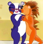  2016 anthro duo eulipotyphlan eyes_closed female fur giant_panda hand_holding hasbro hedgehog hi_res jimfoxx kissing kissing_cheek littlest_pet_shop looking_at_another male male/female mammal nude one_eye_closed open_mouth penny_ling quills russell_ferguson short_tail smile standing tongue ursid 