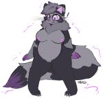  2022 absurd_res anthro belly big_breasts big_tail blush breasts chubby_anthro chubby_female claws digital_media_(artwork) female fur grey_body grey_fur hi_res implied_transformation looking_down mammal multi_nipple multicolored_body multicolored_fur nipples nulloffset procyonid purple_eyes purple_nipples purple_nose raccoon simple_background slightly_chubby solo standing toe_claws tuft whiskers white_background 