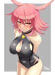  1girl a.nori absurdres arms_behind_back black_one-piece_swimsuit blush breasts bright_pupils cleavage_cutout clothing_cutout covered_navel fate/grand_order fate_(series) grey_background head_wings highres hildr_(fate) hildr_(swimsuit_assassin)_(fate) large_breasts one-piece_swimsuit pink_hair red_eyes signature smile swimsuit valkyrie_(fate) white_pupils 