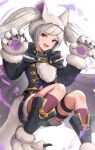  1girl absurdres animal_feet animal_hands bangs belt belt_collar black_hoodie black_pants claw_pose claws collar fire_emblem gonzarez grima_(fire_emblem) highres hood hoodie looking_at_viewer open_mouth pants red_eyes robin_(fire_emblem) shorts smile socks solo twintails white_background white_hair 