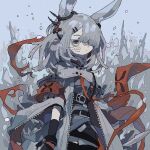  1girl animal_ears arknights armband bangs black_gloves black_thighhighs coat cowboy_shot ear_ornament frostnova_(arknights) gloves grey_coat grey_eyes grey_hair grey_shirt grey_sky hair_ornament hair_over_one_eye hairclip jaggy_lines long_hair one_eye_covered open_clothes open_coat outdoors rabbit_ears rabbit_girl reunion_logo_(arknights) rubble scar scar_on_face scar_on_nose shirt solo thighhighs thurim6 