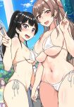  2girls asymmetrical_docking bikini black_hair blue_eyes blue_sky blush breast_press breasts brown_hair cameltoe day earrings furen_e_lustario hair_between_eyes hair_ornament hairclip highres holding_hands interlocked_fingers jewelry large_breasts long_hair looking_at_viewer medium_breasts micro_bikini multiple_girls navel nijisanji nose_blush open_mouth outdoors ponytail red_eyes revealing_clothes side-tie_bikini_bottom sideboob sky string_bikini swimsuit tongue tsukino_mito underboob uyuu v very_long_hair virtual_youtuber wet white_bikini 