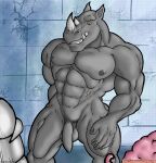  abs anthro balls biceps bigshadowdragon blush casual_nudity detailed_background embarrassed flaccid foreskin genitals grey_body hi_res humanoid_genitalia humanoid_hands humanoid_penis leatherhead light looking_down male mammal muscular muscular_anthro muscular_male navel nipples nude penis rhinocerotoid smile solo solo_focus 