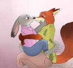  2016 anthro barefoot bottomwear canid canine clothed clothing disney duo ears_down eye_contact feet female fox fur half-closed_eyes hand_on_face hands_behind_back hi_res holding_another holding_partner jimfoxx judy_hopps lagomorph leporid looking_at_another male mammal narrowed_eyes nick_wilde nose_to_nose on_lap pants pivoted_ears rabbit raised_tail shirt short_tail sitting sitting_on_lap smile text topwear zootopia 