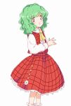  1girl :d aged_down ascot child commentary feet_out_of_frame female_child green_hair kazami_yuuka long_sleeves looking_at_viewer medium_hair own_hands_together plaid plaid_skirt plaid_vest red_eyes red_skirt red_vest ripu_(lipi) shirt simple_background skirt smile socks solo standing touhou vest wavy_hair white_background white_shirt white_socks yellow_ascot 