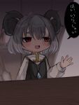  1girl absurdres animal_ear_fluff animal_ears bangs blush capelet commentary_request cookie_(touhou) counter crystal dress flat_chest grey_dress grey_hair hair_between_eyes highres iidabashi indoors jewelry long_sleeves looking_afar mouse_ears mouse_girl nazrin nyon_(cookie) open_mouth pendant red_eyes shirt short_hair smile solo thick_eyebrows touhou translation_request upper_body white_capelet white_shirt 