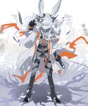  1girl animal_ear_fluff animal_ears arknights black_gloves black_thighhighs coat crater ear_ornament frostnova_(arknights) full_body gloves grey_eyes grey_hair grey_shirt hair_ornament hairclip jaggy_lines long_hair one_eye_covered open_clothes open_coat rabbit_ears rabbit_girl scar scar_on_face scar_on_nose shirt solo standing thighhighs thurim6 white_coat 