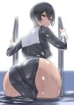  1girl ass bangs black_dress black_hair blush breasts cameltoe dress ev_(dai00888) highres huge_ass impossible_clothes large_breasts looking_at_viewer looking_back original short_hair smile solo wading wet white_background wrist_cuffs yellow_eyes 