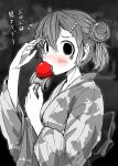  1girl 4shi bags_under_eyes bangs bitten blurry blurry_background blush commentary_request dango-chan_(4shi) dango_hair_ornament embarrassed fang floral_print flying_sweatdrops food-themed_hair_ornament food_bite from_side furrowed_brow greyscale hair_between_eyes hair_bun hair_ornament hairclip hands_up highres holding hollow_eyes japanese_clothes kendama kimono long_sleeves looking_at_viewer looking_to_the_side monochrome original people print_kimono sash short_hair skin_fang solo spot_color summer_festival translation_request upper_body wide_sleeves yukata 
