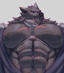  2022 abs anthro barazoku big_muscles big_pecs blaidd_(elden_ring) canid canine canis cape clothing elden_ring fromsoftware front_view fur grey_background half-length_portrait hi_res huge_muscles huge_pecs kinaruoopsy looking_at_viewer male mammal muscular muscular_anthro muscular_male navel nipples nude obliques pecs portrait scar simple_background solo teeth tuft video_games wolf 