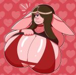  &lt;3 anthro big_breasts blue_eyes bra breasts brown_hair clothed clothing female hair heart_background huge_breasts jasmine_boingston lagomorph leporid mammal markings mole_(marking) pink_body rabbit rabbit_ears raised_clothing raised_shirt raised_topwear red_bra red_clothing red_underwear shirt solo topwear underwear unknown_artist 