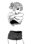  1girl 4shi :o bags_under_eyes breasts clothes_lift commentary_request cowboy_shot dango-chan_(4shi) denim denim_shorts drooling greyscale hair_bun highres hollow_eyes lifted_by_self looking_at_viewer looking_down medium_breasts monochrome open_mouth original shirt shirt_lift short_hair short_shorts short_sleeves shorts simple_background solo t-shirt undressing 