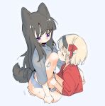  2girls animal_ears ass_grab bandaid bandaids_on_nipples black_hairband blonde_hair blue_panties blue_shirt blush bow breast_sucking commentary_request dog_ears dog_tail fingering hairband hand_in_panties inoue_takina lycoris_recoil medium_hair multiple_girls nishikigi_chisato panties pasties purple_eyes red_bow red_shirt shioneko114 shirt sitting tail tears underwear upper_body yuri 