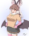  1girl :3 animal_ears artist_name bat_ears bat_girl bat_wings black_skirt blush brown_hair brown_long-eared_bat_(kemono_friends) brown_sweater commentary_request cowboy_shot elbow_gloves fang fingerless_gloves flying_sweatdrops frilled_skirt frills fur_collar gloves gradient gradient_background hair_between_eyes kemono_friends kemono_friends_v_project long_hair multicolored_hair open_mouth orange_eyes pink_gloves pink_thighhighs pleated_skirt shirt short_sleeves signature skirt solo sweater taurine_8000mg thighhighs two-tone_hair white_fur white_hair wings zettai_ryouiki 
