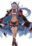  1girl absurdres azur_lane bangs black_cape black_gloves blush bodypaint breast_curtain breasts cape closed_mouth commentary_request dark-skinned_female dark_skin facepaint facial_mark feet_out_of_frame fingerless_gloves gloves hair_between_eyes headgear highres kakaricho_dairi loincloth long_hair looking_at_viewer medium_breasts minneapolis_(azur_lane) navel ponytail red_cape red_eyes revealing_clothes simple_background smile solo two-tone_cape underboob white_background white_hair 