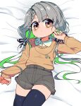  1girl bed_sheet black_ribbon black_thighhighs braid colored_inner_hair dress_shirt grey_hair grey_shorts hand_up highres hisakawa_nagi idolmaster idolmaster_cinderella_girls jewelry light_green_hair long_hair long_sleeves low_twintails lying multicolored_hair necklace on_back pink_eyes ribbon sasaki_rindou shirt shorts solo thighhighs twintails two-tone_hair undershirt white_shirt zettai_ryouiki 