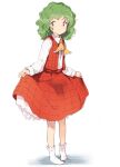  1girl aged_down ascot child commentary female_child full_body green_hair highres kazami_yuuka long_sleeves looking_to_the_side medium_hair plaid plaid_skirt plaid_vest red_eyes red_skirt red_vest ripu_(lipi) shirt simple_background skirt socks solo standing touhou vest wavy_hair white_background white_shirt white_socks yellow_ascot 