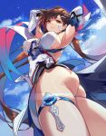  1girl armpits ass bangs blush breasts brown_eyes brown_hair china_dress chinese_clothes cloud dress elbow_gloves gloves hair_ornament highres honkai_(series) honkai_impact_3rd large_breasts li_sushang li_sushang_(jade_knight) long_hair looking_at_viewer sky smile solo thigh_strap thighs white_dress zombie-andy 