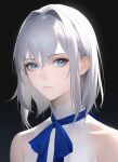  ai-generated bangs bare_shoulders black_background blue_eyes blue_ribbon hair_between_eyes long_eyelashes medium_hair nai_diffusion non-web_source original realistic ribbon shirt simple_background straight_hair white_shirt 