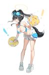  ! 1girl absurdres animal_ears bare_legs bare_shoulders black_hair blue_archive blush breasts bright_pupils cheerleader cleavage collarbone crop_top detached_collar dog_ears dog_girl dog_tail english_text eyewear_on_head full_body goggles goggles_on_head halo hibiki_(blue_archive) hibiki_(cheerleader)_(blue_archive) highres holding holding_pom_poms large_breasts leaning_forward long_hair looking_at_viewer lowleg lowleg_skirt midriff navel open_mouth pom_pom_(cheerleading) ponytail purple_eyes shoes sidelocks simple_background skirt sneakers solo star_sticker sticker_on_arm sticker_on_face sugar_(dndi888) tail two-tone_skirt white_background white_footwear 